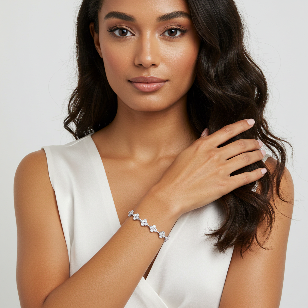 10K White Gold Moissanite Clover Style Bracelet