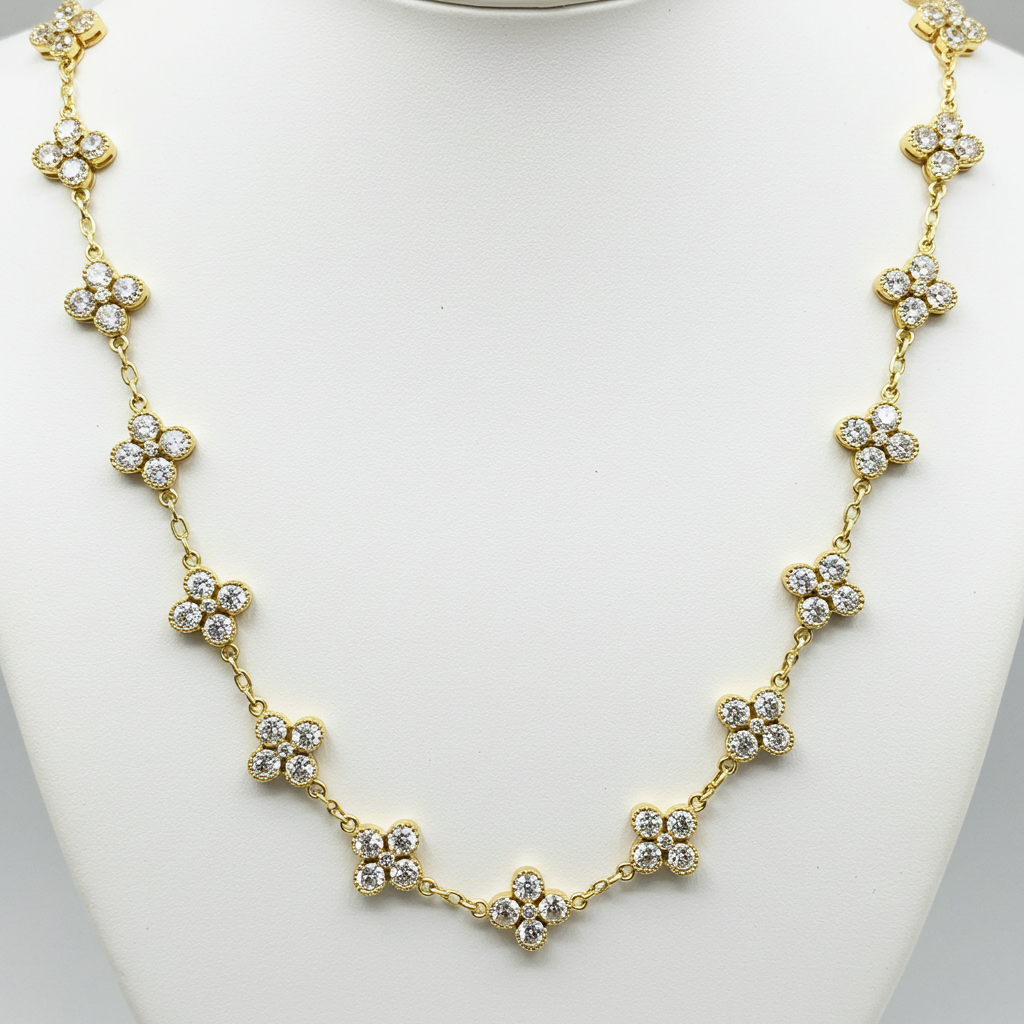 10K Yellow Gold Moissanite Clover Style Chain