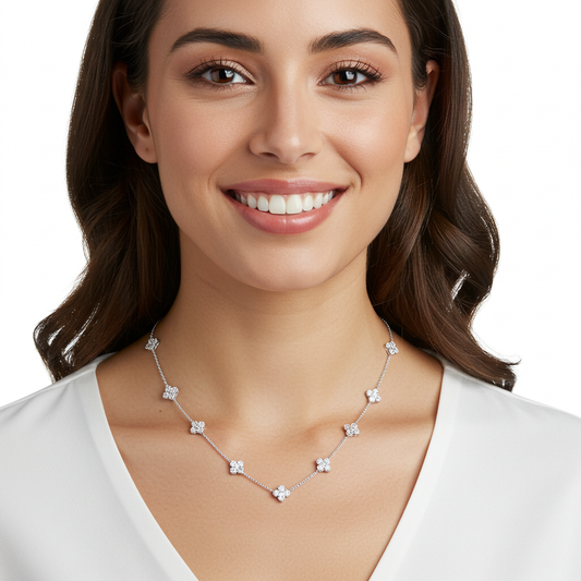 925 Sterling Silver Moissanite Clover Style Chain